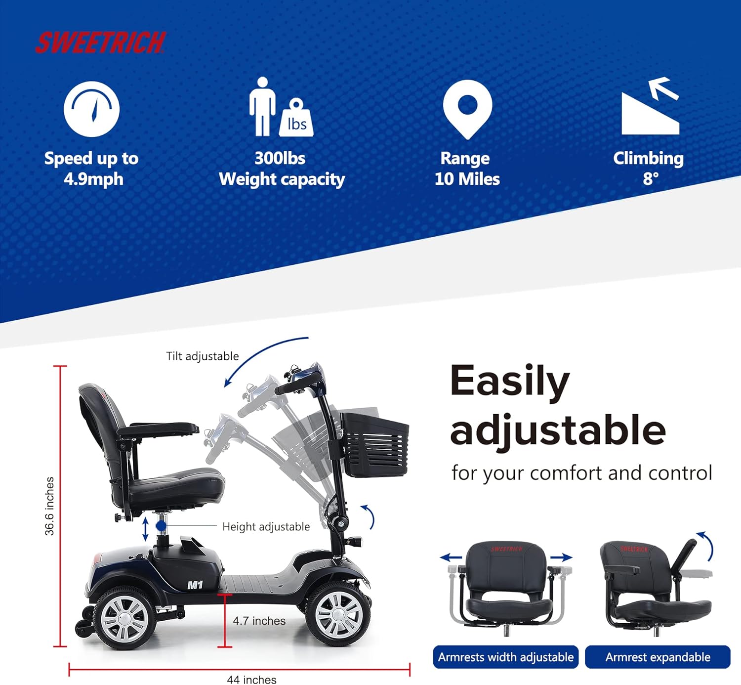 4-Wheel Compact Travel Electric Powered Mobility Scooter for Seniors and Adults 300 lbs Max Weight, Lightweight and foldable, with Large Capacity Lead-Acid Battery, Charger and Thick Leather Seat-Blue