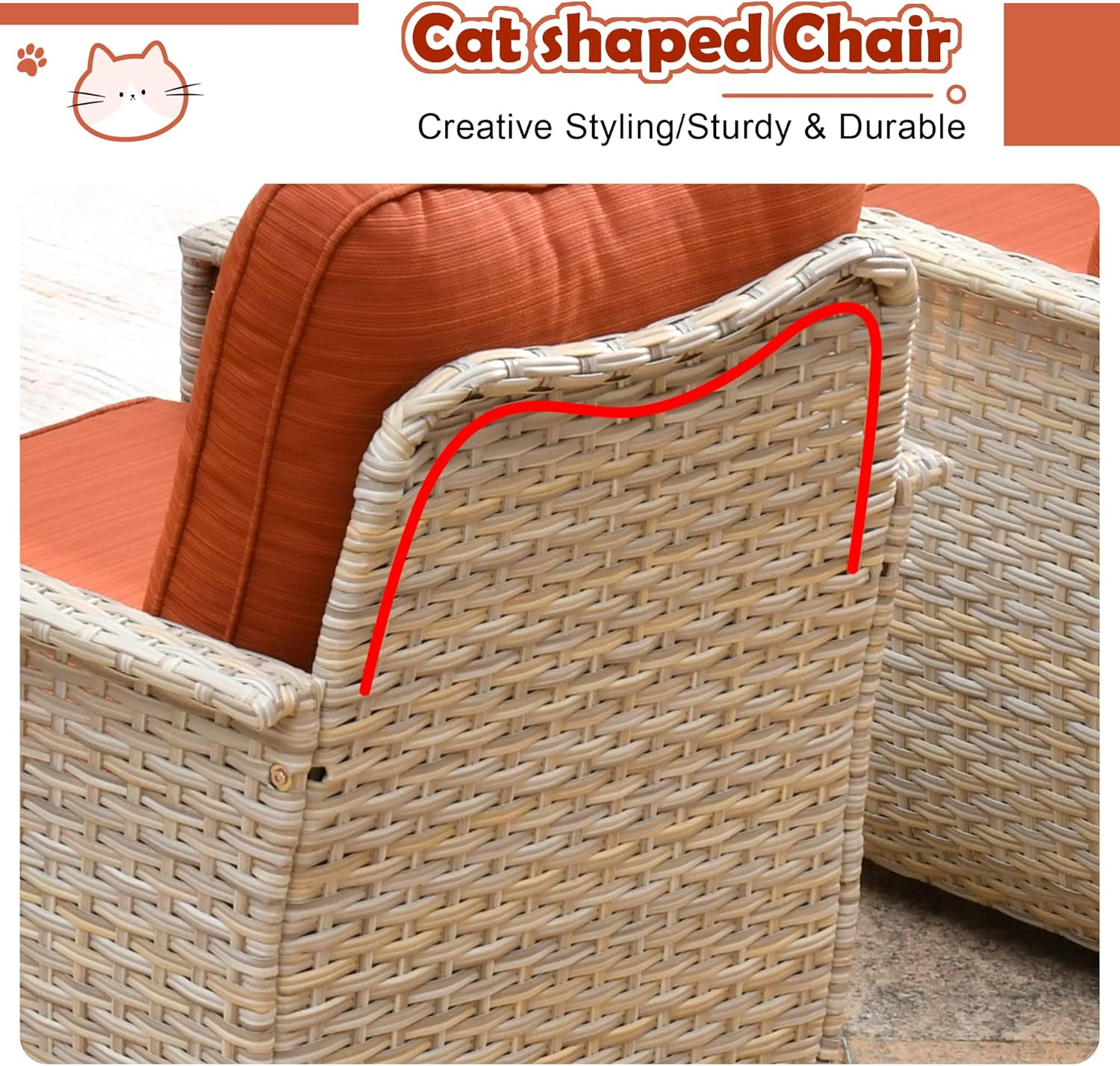 ovios Patio Chair Set Outdoor Furniture Conversation Sets with Pet House Wicker Rattan Sofa Patio Bistro Set High Back Chairs for Porch Deck Backyard (Beige Wicker-Orange Red)