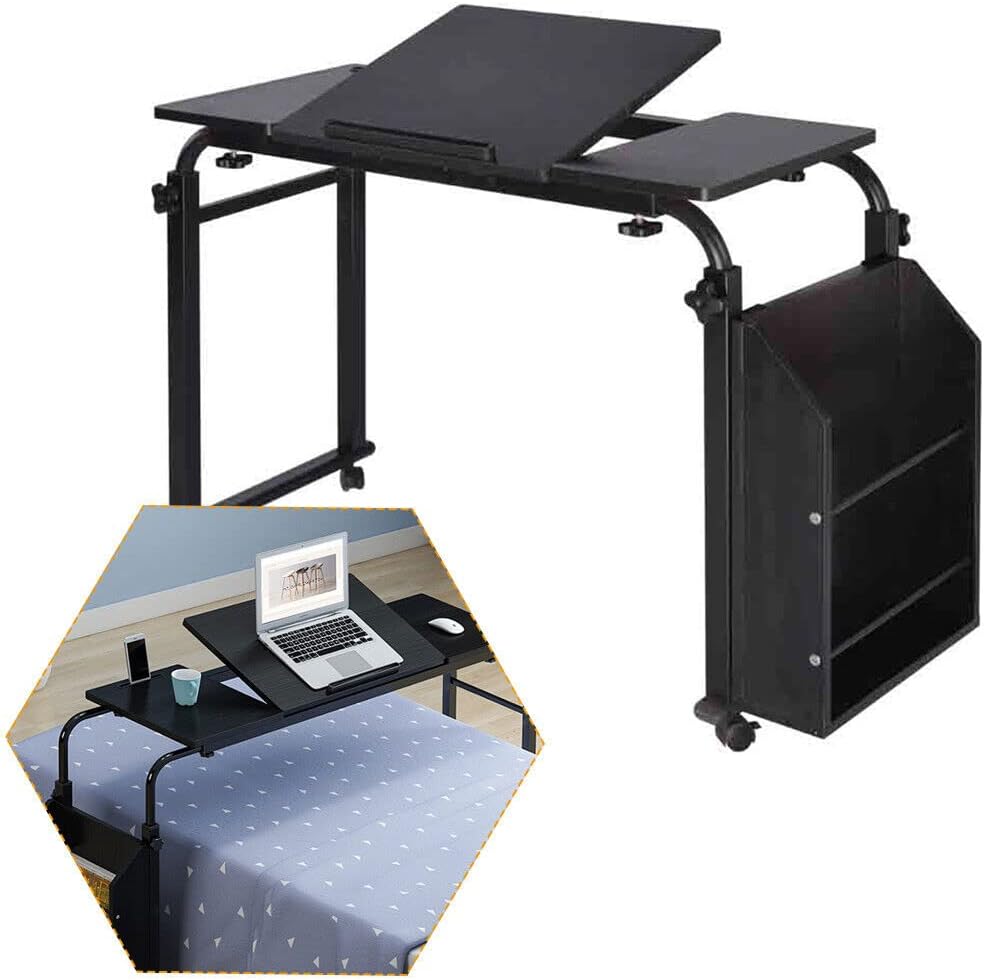 Cross-Bed Stretchable Overbed Tables,Laptop Desk with Wheels,Bed Tables Adjustable Height and Length Over The Bed,with Adjustable tilt Table top and Storage Storage