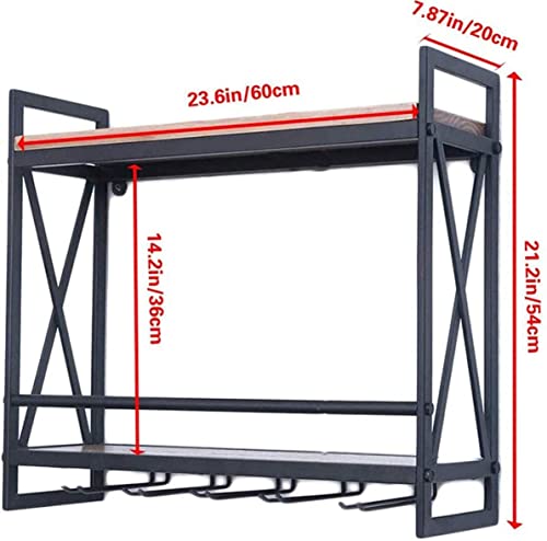 Industrial Wine Racks Wall Mounted,Hanging Wine Rack,Ic Wall Shelf with 4 Stem Glass,2-Tiers Wood Floating Shelves,Home Kitchen Decor Display Rack,Black,60X20X53Cm/Black/60 * 20 * 53Cm