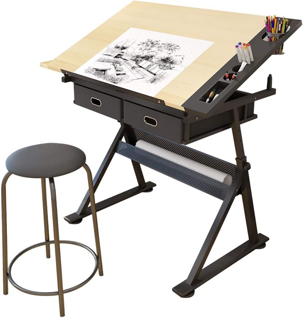 HONGYANG Drafting Desk, Height Adjustable Drawing Desk, Tiltable Craft Table with Storage, Maple Panel Art Desk, for Home Office Drafting Table