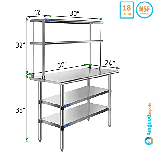 24" X 30" AmGood Stainless Steel Work Table | Commercial & Residential Kitchen Laundry Garage Utility Bench | NSF Metal Prep Table (24" x 30" Table + 2 Shelves + Overshelf)