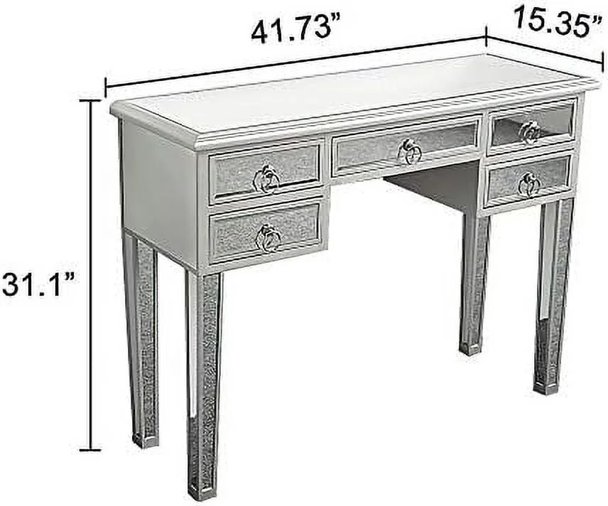 TJUNBOLIFE Mirrored Makeup Desk Vanity Dressing Table with 5 Drawers  Modern Glass Entryway Console Table Writing Desk
