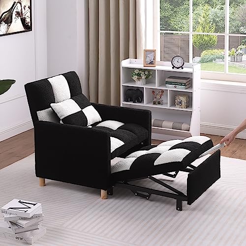 3-in-1 Convertible Sleeper Sofa Chair Bed, Adjustable Sofa Chair with Pillow, Multi-Functional Sleeper Chair velvet Fabric with Adjustable Backrest for Living Room Bedroom Office (Black White)