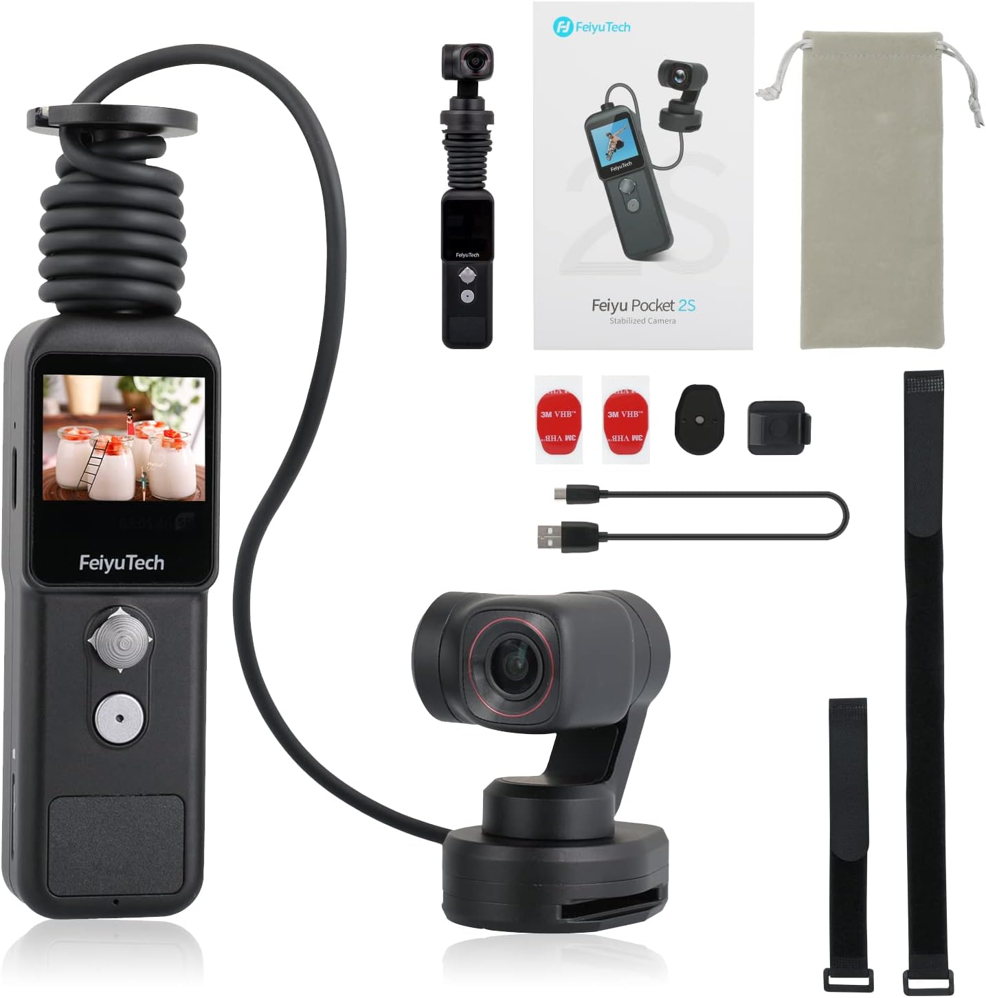 FeiyuTech Pocket 2 Action Camera 3-Axis Gimbal Stabilized 4K Video Handheld Gimbal Integrated Camera, 130° View, Magnetic Body, 4xZoom, 512G Card Slot, Beauty Effect, with Mic for YouTube TikTok Vlog Pack of 2