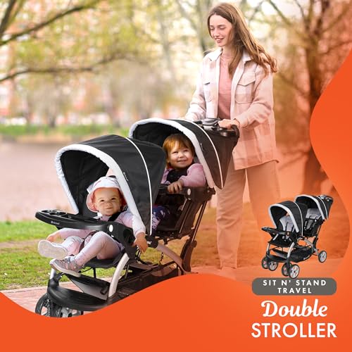 Baby Trend Sit N Stand Double Stroller & Single Infant Car Seat Travel System w/Safety Harnesses and Cover for Infants and Toddlers, 2 Pc Set, Stormy
