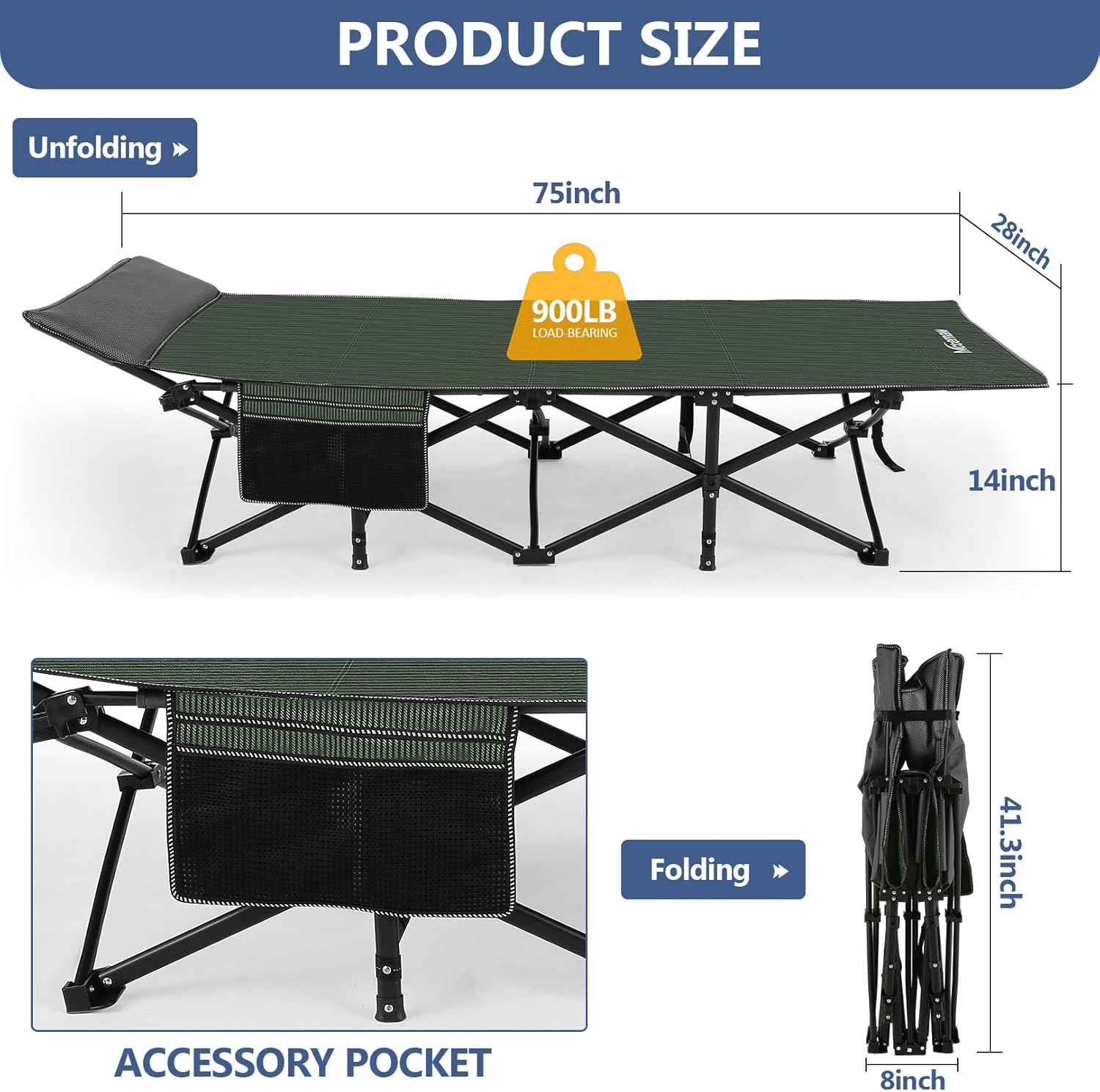 Nictemaw Folding Camping Cot, Portable Camping Cot for Adults, 900LBS Heavy Duty Sleeping Cots with Carry Bag, Double Layer Oxford Portable Travel Camp Cots for Home Office Outdoor(Green Stripes)
