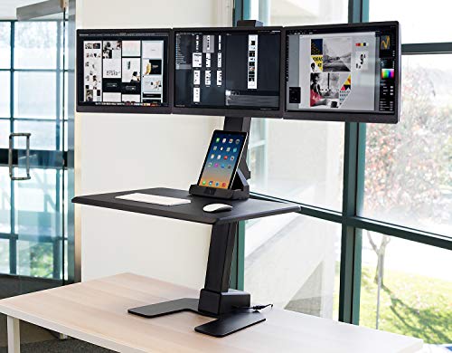 Mount-It! Triple Monitor Electric Standing Desk Converter - 3 Screens Stand Up Desk Riser - Height Adjustable Desktop & 3 Mounts for Screens up to 32", Sit-Stand Convertor for Home, Office, School