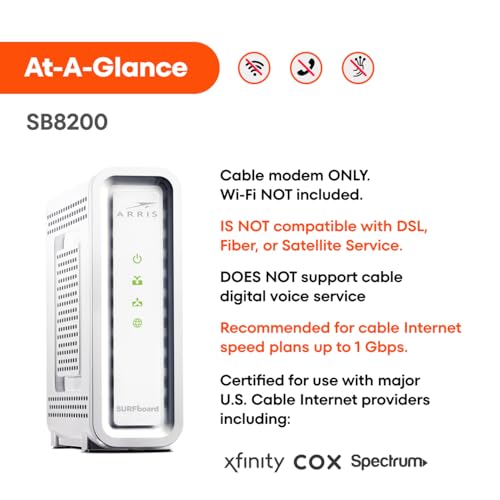 ARRIS (SB8200) - Cable Modem - Fast DOCSIS 3.1 32x8 Gigabit Cable Modem , Approved for Comcast Xfinity, Cox, Charter Spectrum, & more | 1 Gbps Max Internet Speed, 4 OFDM Channels - (No Built-in Wifi)