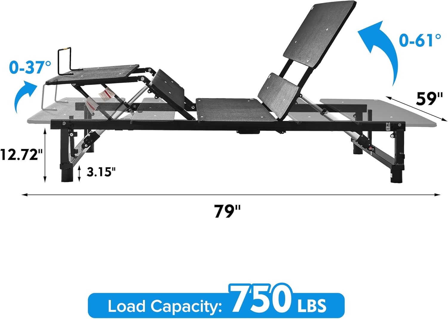 Adjustable Bed Base Frame Queen Bed Frame with Head and Foot Incline Wireless Remote Zero Gravity Quiet Motor Black Queen