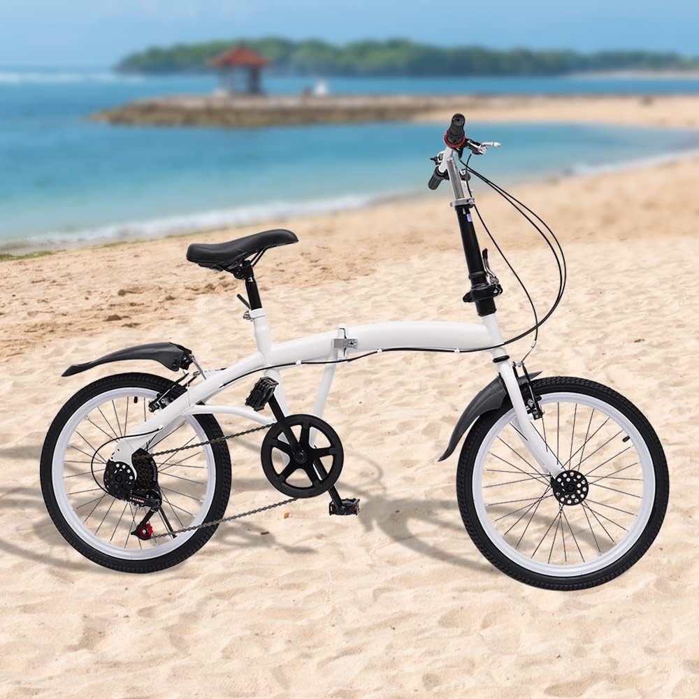 Folding Bike Foldable Bicycle with 7-Speed Shifter Adjustable Handlebar Height 20-Inch Wheels Men and Women City Bicycle with Double V-Brake for Leisure Riding &Commuting White