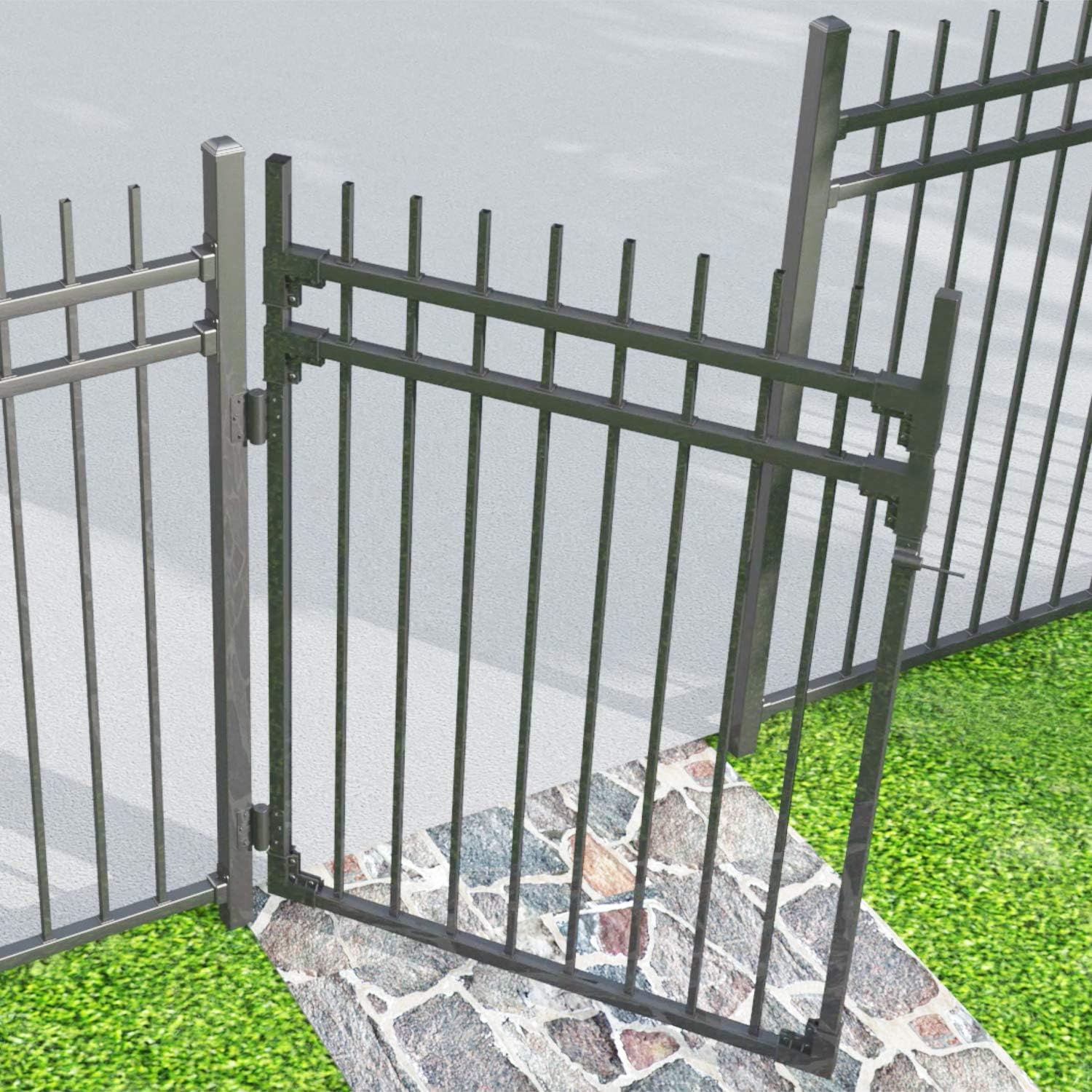 XCEL Fence: Black Steel Anti-Rust Gate, Flat End Top Pickets, Close Bottom Cross Rail or Option to Flip- 4ft W x 5ft H - DIY Installation Kit, for Outdoor, Yard, Pario, Entry Way, on Soil or Concrete.