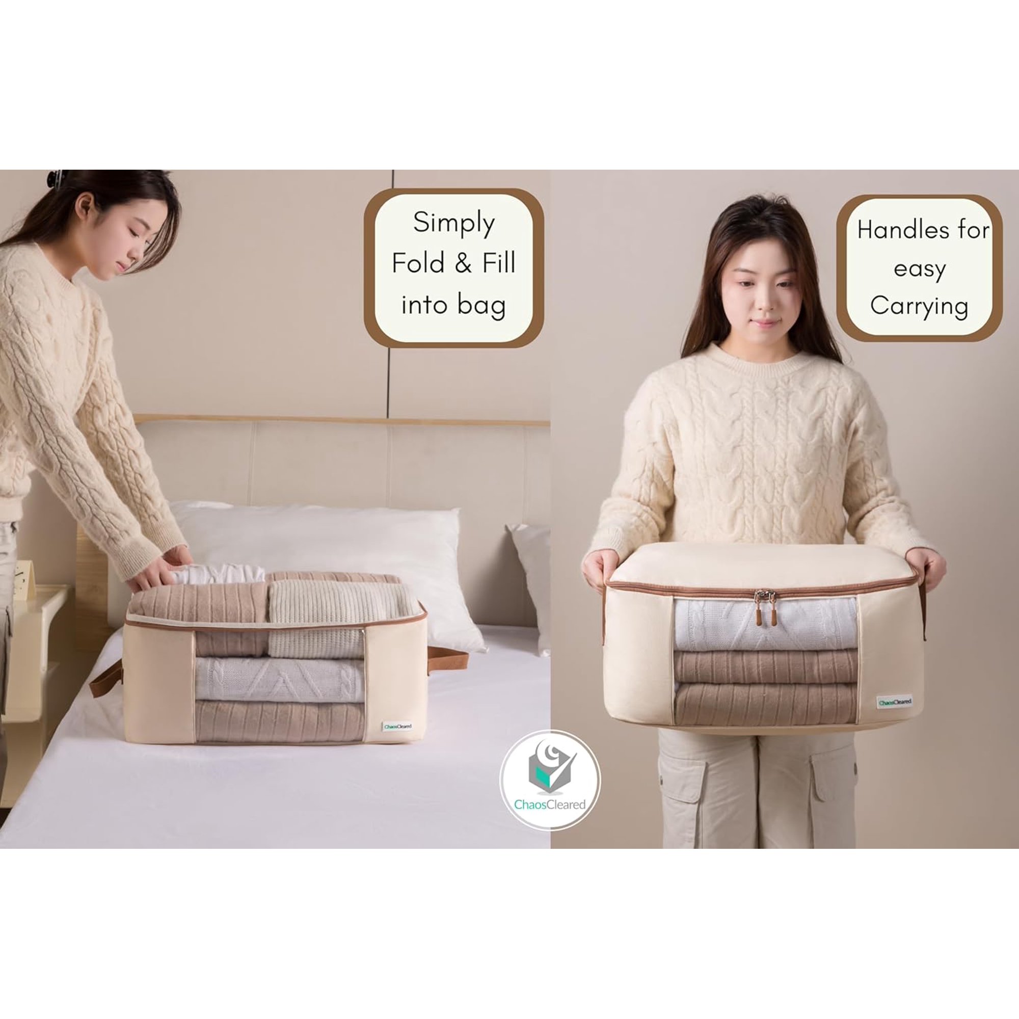 Canvas Clothing Storage 2 Bags Clothes Organizer folding fabric bags for sweaters, clothing, garment, bedding, quilt, linens, large folding organizers with zip &amp; window, mothproof underbed space save