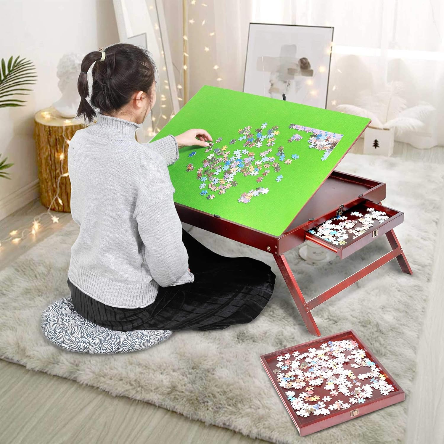 Fanwer Wooden Jigsaw Puzzle Table with Drawers and Legs for Adults 1500 Pieces, 34" x 26" Portable Folding Board for Games, Gift for Puzzle Amateur, Especially Suitable for Neck or Back Painer