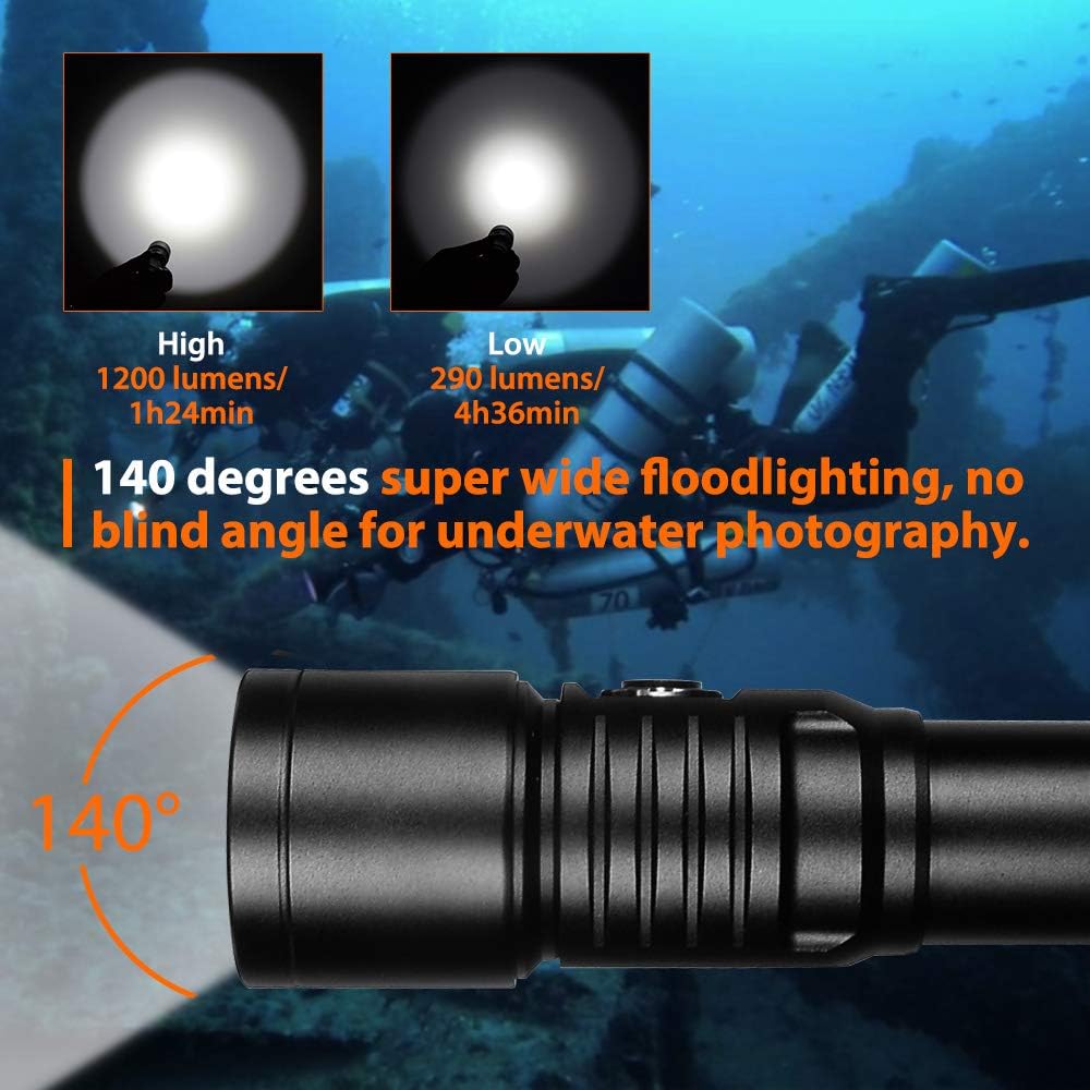 ORCATORCH D530V 1200 Lumen Scuba Diving Video Light 140 Degrees Super Wide Beam Angle, Underwater 150 Meters Diving Photography Light with Safety Lock Function and Battery Power Indicator