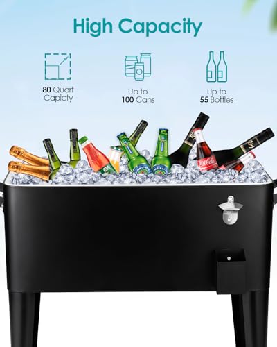80 Quart Rolling Cooler Cart on Wheels, Portable Outdoor Patio Cooler, Ice Chest with Bottle Opener for Patio Party, Picnic, BBQ, Camping