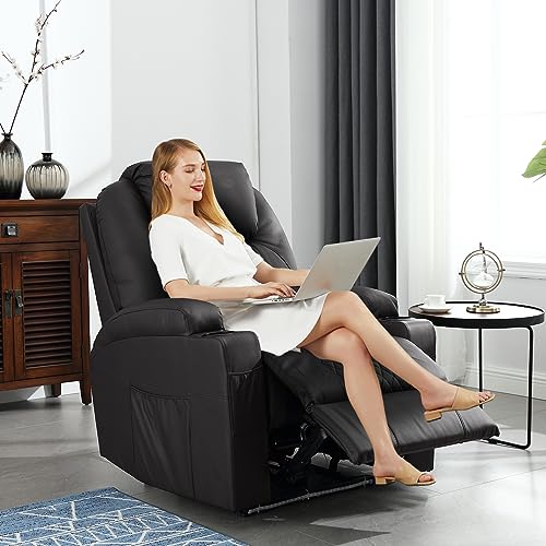 Power Recliner Chair with Heat and Massage, PU Leather Home Theater Seating w/LED Lights/Cup Holders/Side Pocket/USB Port, Lazy Boy Reclining Sofa Chair for Living Room (2, Brown)