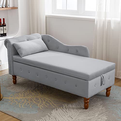 58" Modern Velvet Chaise Lounge Indoor,Upholstered Lounge Chair with Storage & Pillow, Rolled Arm Lounge Sofa for Living Room Bedroom Office (Gray)