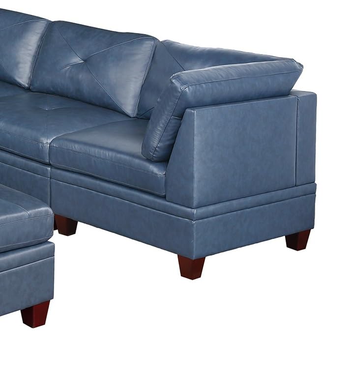 Contemporary Ink Blue Genuine Leather Sectional Sofa Set, 6-Piece, Tufted Back, Plush Couch, Wood Legs, 132 x 102 x 35 Inches NOT INCLUDE ottoman