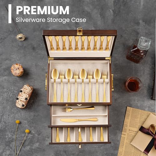 Silverware Storage Box, 2-Layer Flatware Storage Case with Drawer, Wooden Silverware Chest with Linen Liner, Rustic Silverware Case for Storing Fine Flatware and Utensils (Walnut)