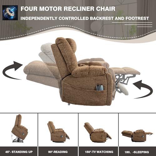 Light Grey Recliner Chair for Elderly | Tall and Big Man 400lbs | Chenille | Power Lift, Lay Flat, Stand Up, Wireless Charging Device, Extended Footrest, Massage Heat, Cup Holder, Lumbar Pillow