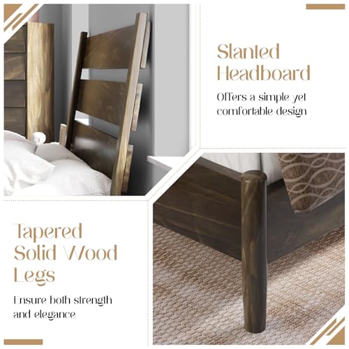 VanAcc Solid Wood King Bed Frame, Platform Bed with Reclining Slatted Headboard, Mid Century Bed Frame with Wood Slat Support, Dark Brown