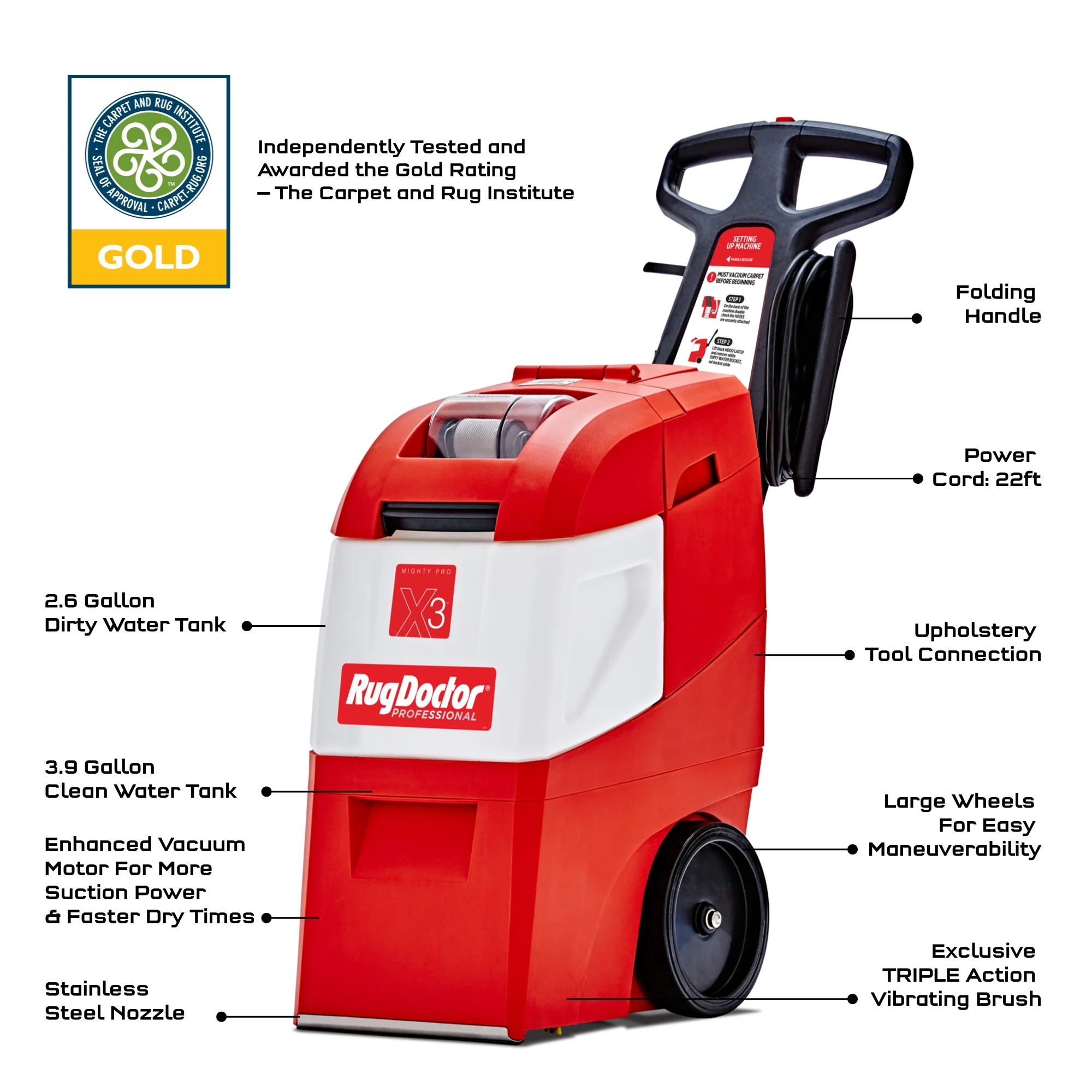 Rug Doctor Mighty Pro X3 Commercial Carpet Cleaner - Large Red Pet Pack