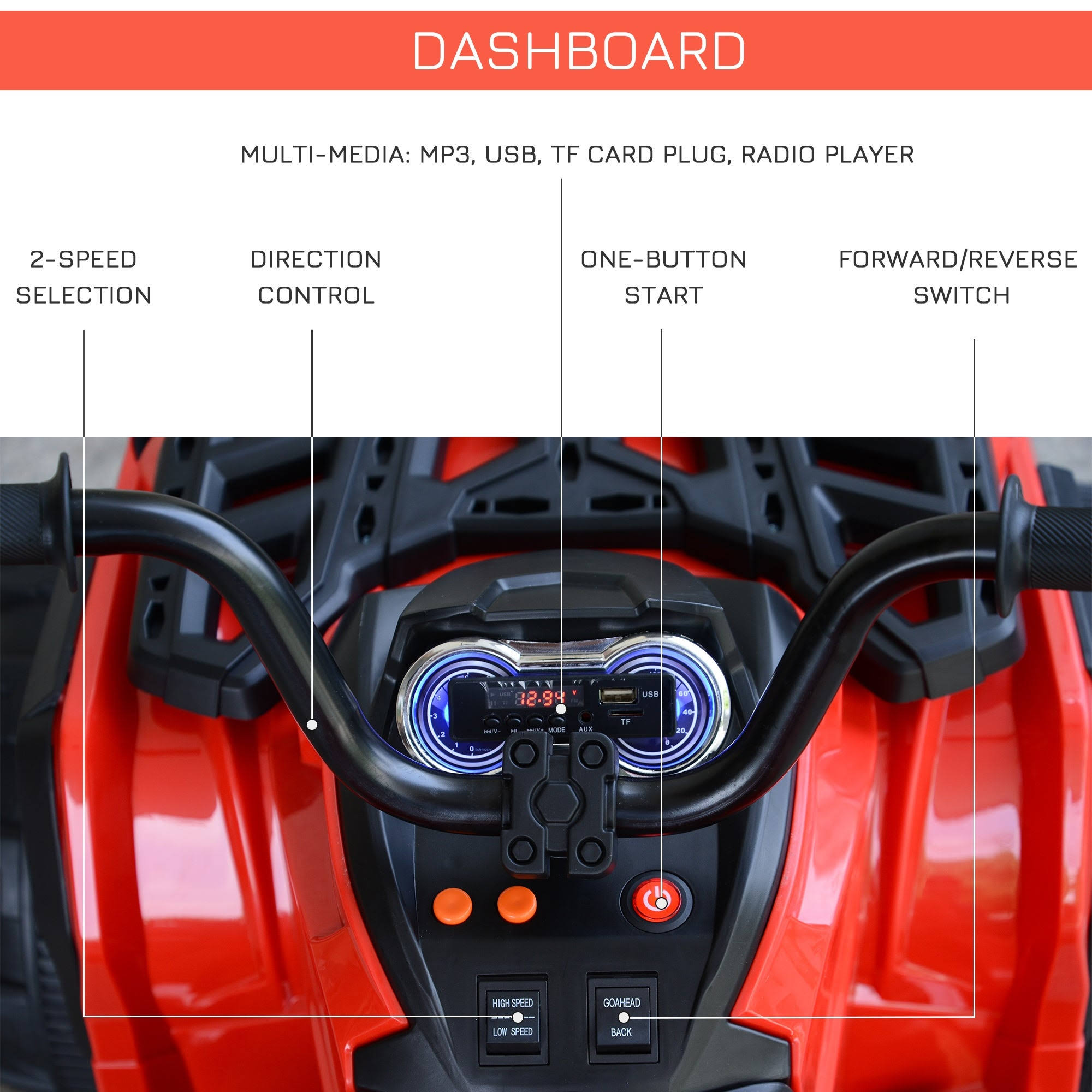 Aosom Kids Ride-On Four Wheeler ATV Car with Real Working Headlights, Music/Radio Player, u0026 Smooth SUSPENSION, Red