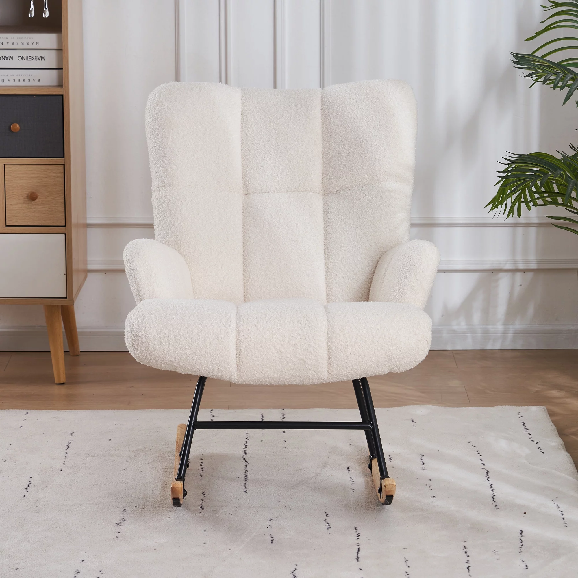 FERPIT Modern Teddy Velvet Accent Rocking Chair, Upholstered Nursery Glider Rocker for Baby, Cushioned Arm Chair, Rocking Chair Indoor for Living Room/Bedroom, White