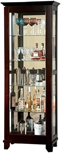 Pemberly Row Sliding Glass Door Curio Cabinet with 5 Tier Shelf Tempered Glass, Dark Walnut