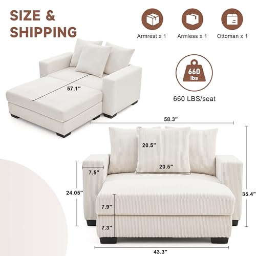 58.3" Comfy Deep Seat Oversized Chaise Lounge Indoor for Living Room, Solid Wood Sleeper Reclining Chair with Thickened Cushions Widened Armrests for Bedroom, Lounge Chair with Ottoman, Grey