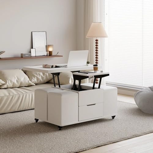 homary White Lift Top Coffee Table with Hidden Storage, 3 in 1 Multi-Function Modern Folding Center Table with 4 Stools and Casters