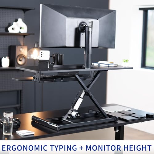 VIVO 42 inch Electric Motor Desk Converter, Height Adjustable Riser, Sit to Stand Dual Monitor and Laptop Workstation with Wide Keyboard Tray, Black, DESK-VE42B
