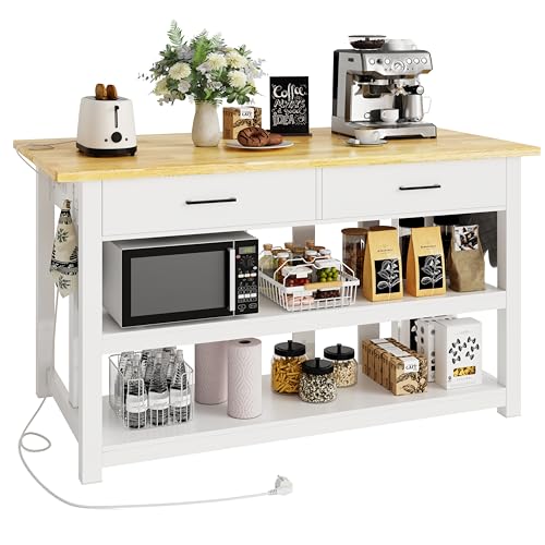 47.3" Solid Rubberwood Kitchen Island with Power Outlets - Extra Large Work Surface, 2 Drawers & Open Shelves Storage Cabinet for Kitchen Dining Room, Farmhouse Style (Grey)
