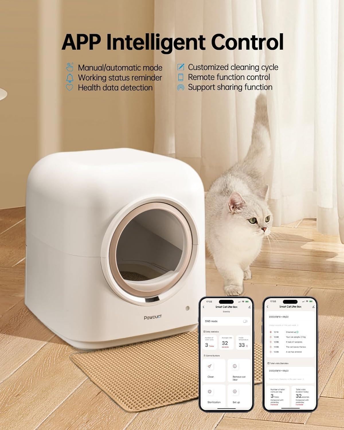 Automatic Cat Litter Box Self Cleaning, Anti-Pinch Robot Cat Litter Box, Large Cat Litter Box for Multiple Cats, Smart APP Remote Control/Odor Removal, with Waste Bags/Mats