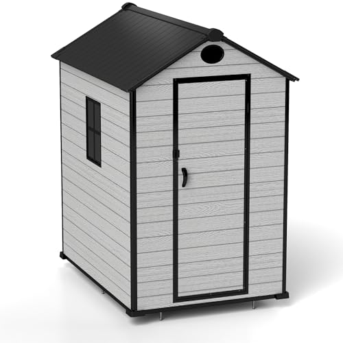 7.3 x 12 FT Shed Resin Outdoor Storage with Floor, 566 cuft Plastic Shed with Window and Lockable Door for Garden, Backyard, with Wood Texture, Grey