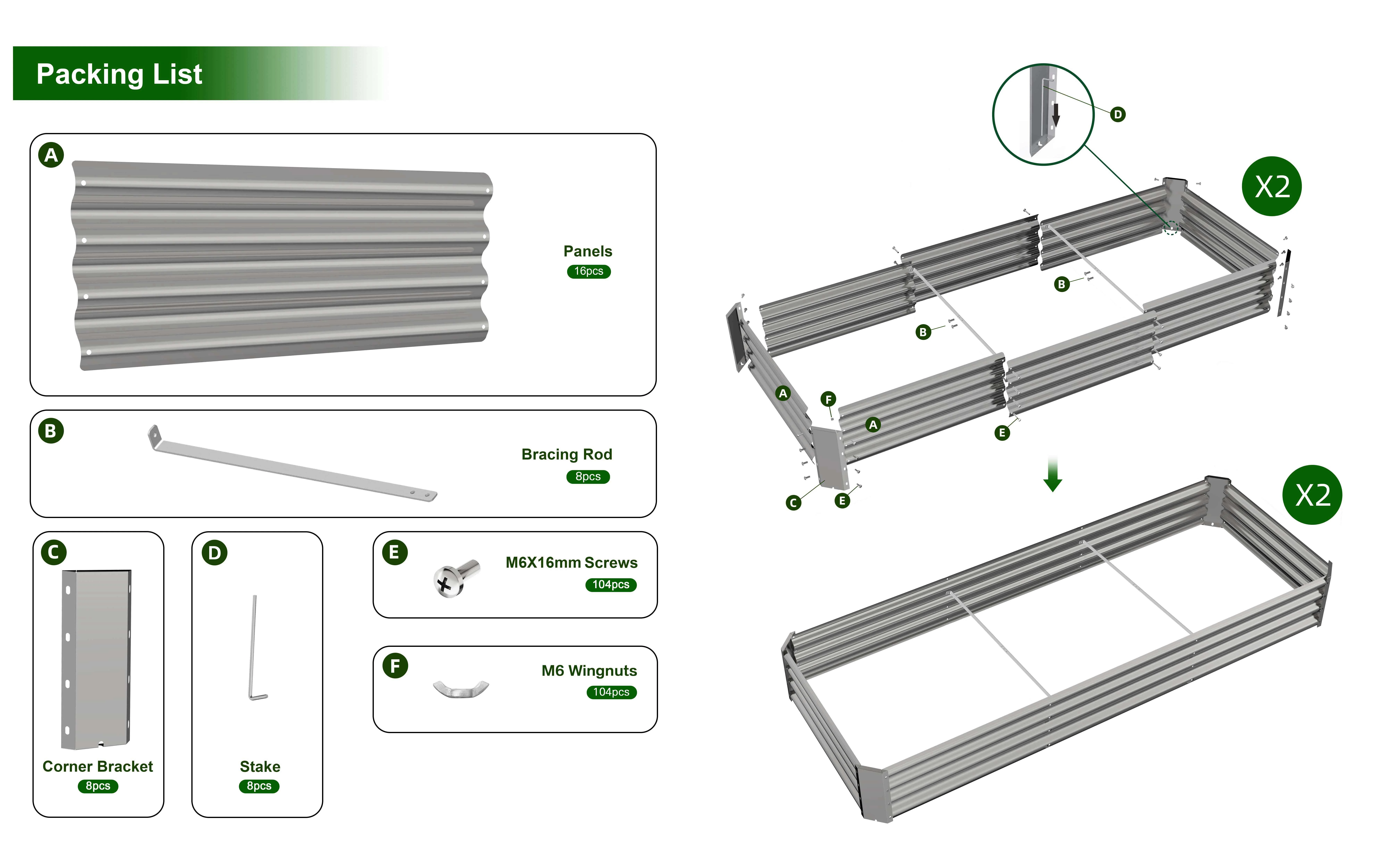 TRAMULL 2 Pack 8x3x1ft Metal Galvanized Raised Garden Bed for Vegetables Flowers Ground Planter Box (Gray)