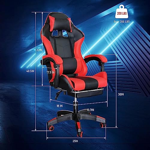 Gaming Chair, Ergonomic Computer Chair with Lumbar Support, Office Chair with Footrest, Swivel Chair Adjustable with Headrest, Red