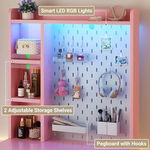 Small Vanity Desk with Hutch and Drawers, Pink Makeup Vanity Desk with Charging Station, Vanity Table Dressing Table with LED Lights, Vanity Desk No Mirror with Pegboard for Girls Women, 24"