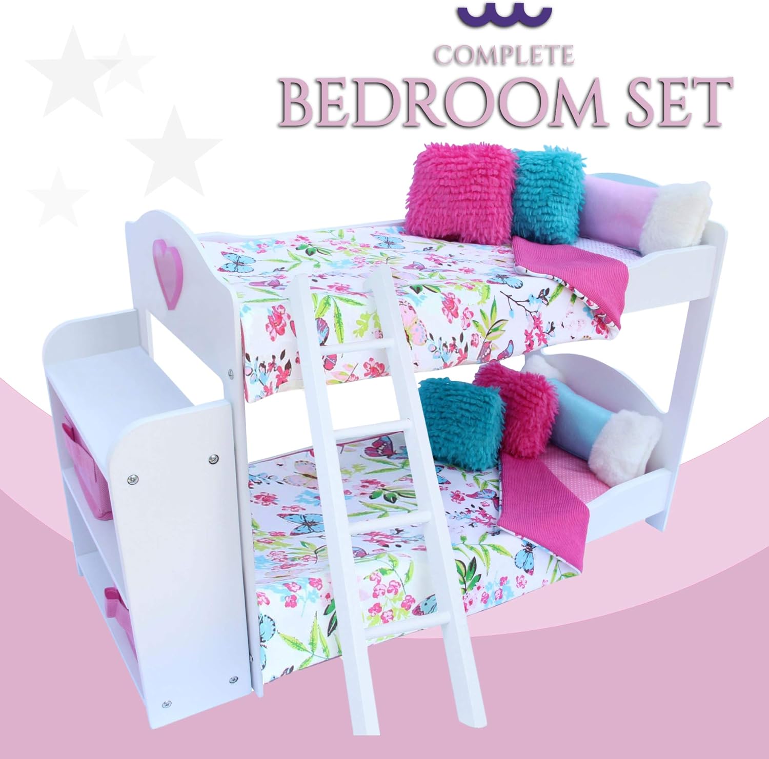PZAS Toys Doll Bunk Bed - Doll Bunk Bed for 18 Inch Dolls 23 Piece Set Complete with Linens, Pajamas, and Shelves, Fits American Girl Doll
