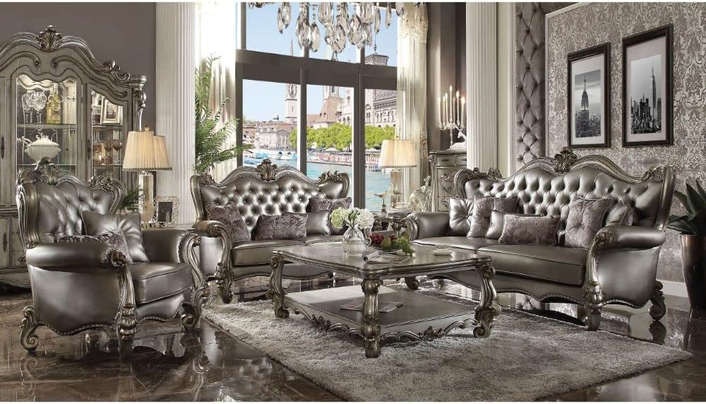 Acme Furniture Versailles Love Seats, 70.08" L x 44.09" W x 48.82" H, Silver Pu & Antique Platinum