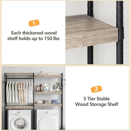 IDEALHOUSE Over The Washer and Dryer Storage Shelf- Laundry Room Organization Space Saving Laundry Drying Clothes Racks Heavy Duty Adjustable Height Bathroom Shelf for Home Decor (Wood, 28" A+B)