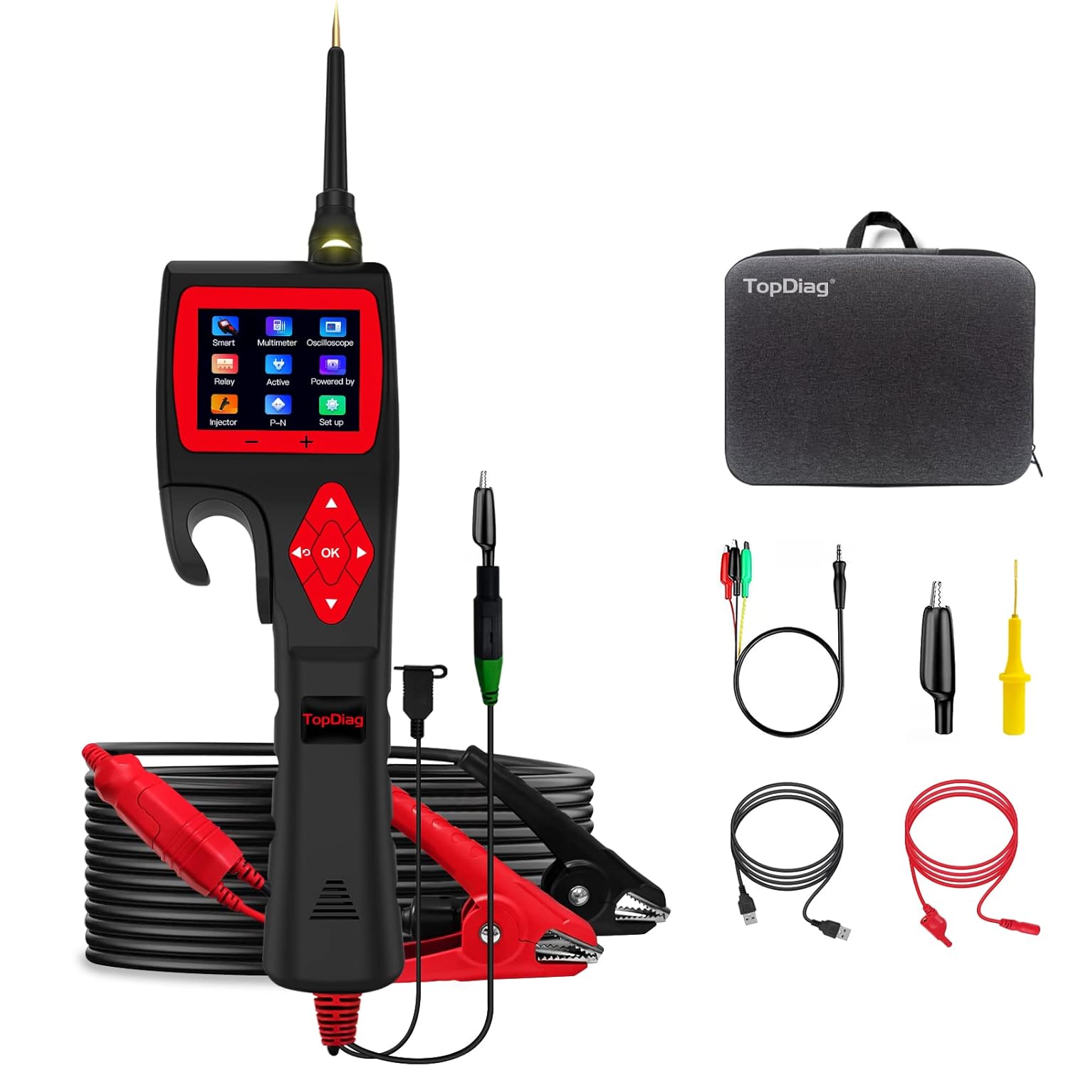 TopDiag P200 Automotive Circuit Tester, Power Circuit Probe Kit, 9~30V with Multimeter/Relay/Fuel Injector Tester/Activating Component/0~5V Power with 20ft Cable for 12V 24V Vehicle