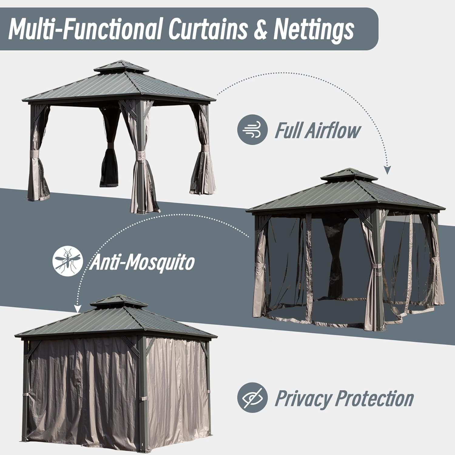 Domi 8x8FT Hardtop Gazebo, Outdoor Gazebo with Galvanized Steel Double Roof Canopy, Curtain and Netting, Metal Gazebo Pavilion for Patio, Lawn, Garden, Gray