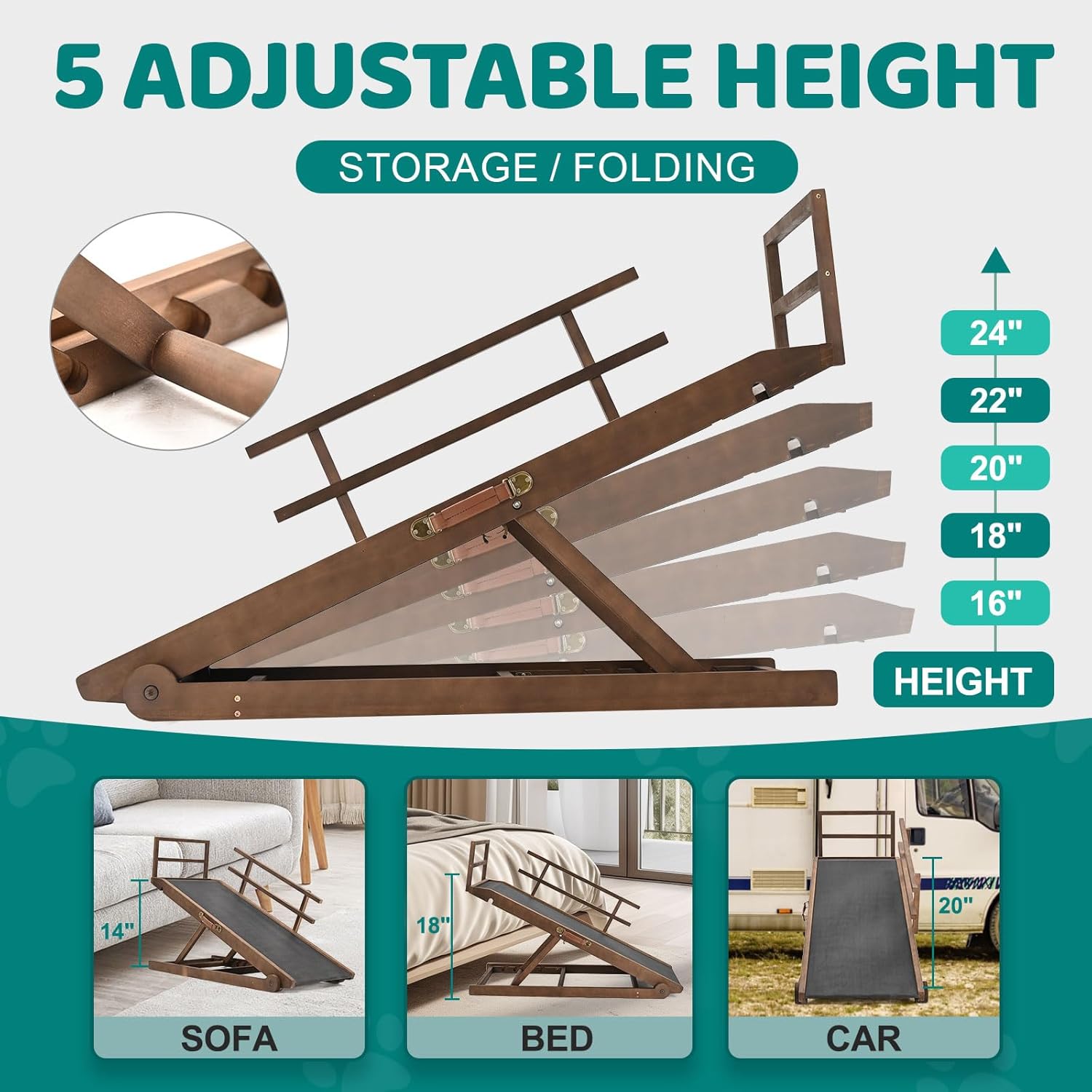 Dog Ramp, 5 Level Adjustable Folding Pet Ramp for High Bed, Upgrade Rubber Mat High Traction Ramp, Wooden Folding Pet Ramp for Bed, Couch,SUV, Natural Wood Pet Ramp for Small & Old Dogs & Cat