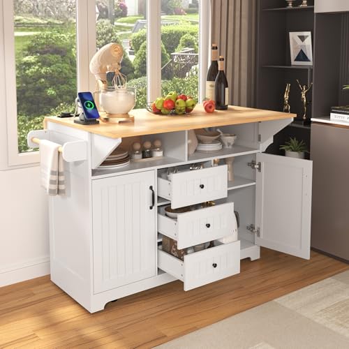 Large Kitchen Island Cart with 2 Drop Leaf, Mobile Dining Table with Storage Cabinet, Rolling Kitchen Cart with Power Outlets, 3 Drawers, Spice & Towel Rack