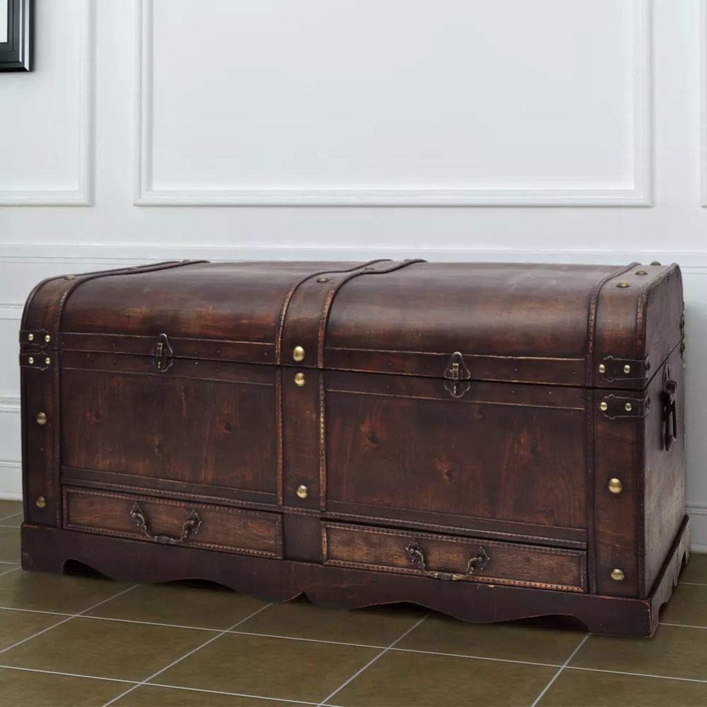 Wooden Storage Trunk Treasure Chest, Decorative Small Wooden Chest with Hinged Lid for Home Livingroom Bedroom Cafe Bar Hotel