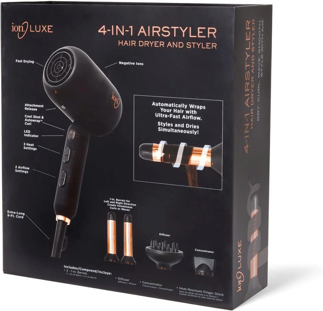 ion Luxe 4-in-1 Autowrap™ Airstyler - Interchangeable Hair Dryer & Curler for All Hair Types
