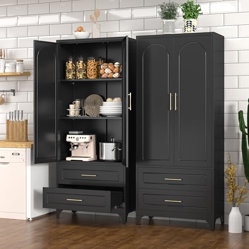 Metal Storage Cabinet with Doors and Shelves, 71 Inch Tall Kitchen Pantry Cabinet, Pantry Cabinets for Kitchen Storage, Freestanding Cupboard for Living, Dining Room, White, Assembly Required