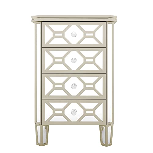 4-Drawer Chest Mirrored Bedroom Chests with Golden Lines, Crystal-Shape Knob, Glass Luster Tall Storage Cabinet for Bedroom Living Room, Entryway, Porch (Silver)